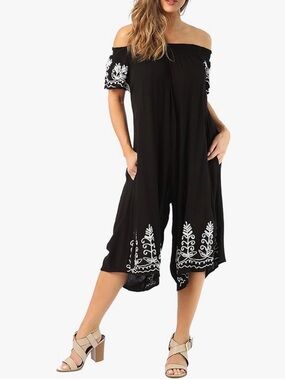 Riviera Sun Women's Black Off-Shoulder Embroidered Cropped Jumpsuit
